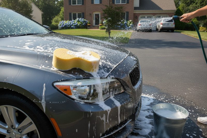 A car being washed in a driveway