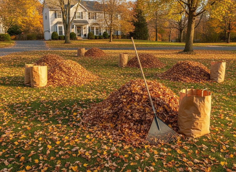 Raked autumn leaves bagged in a yard