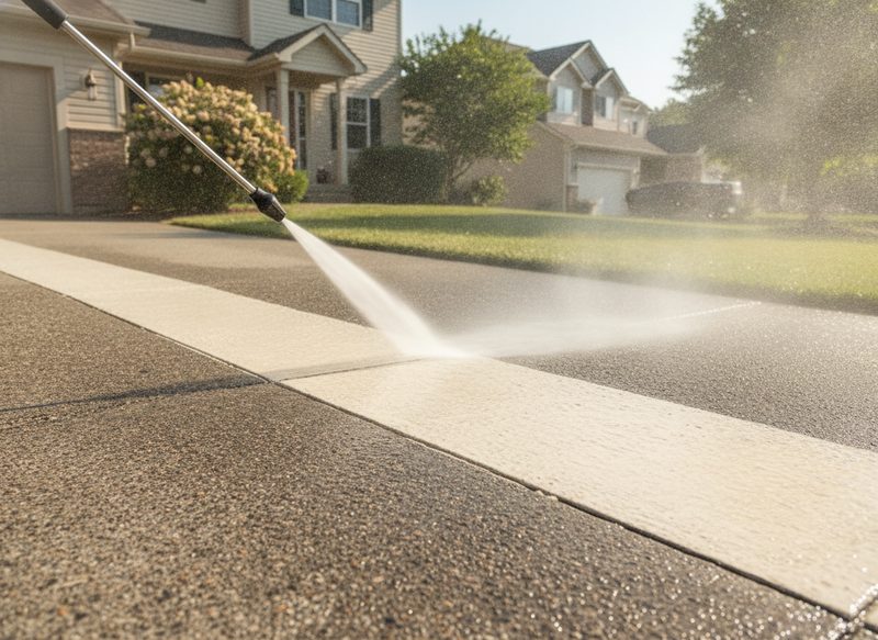 A driveway being pressure washed clean